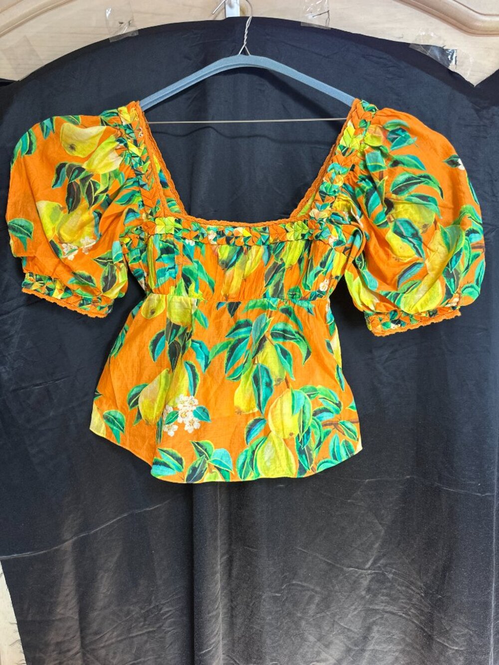 FARM Rio Orange Pear Lemon Fruit Print Smocked Off-Shoulder Puff Sleeve Blouse M - Picture 3 of 9